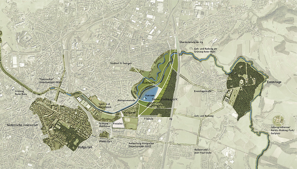 links Luftbild Innenstadt, rechts Luftbild Eremitage, in der Mitte Visualisierung des Neuen Parks (Draufsicht)