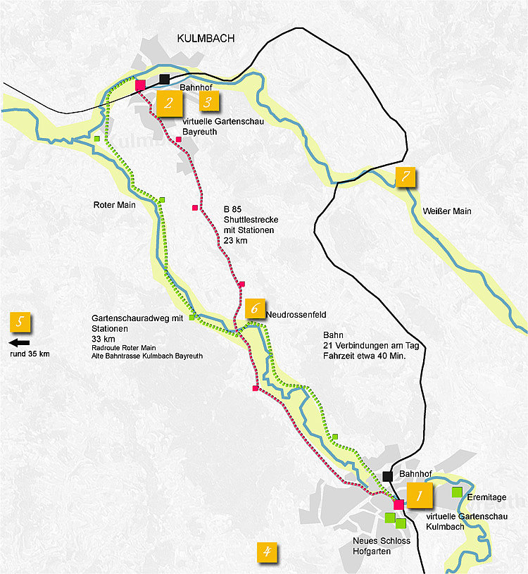 Lageplan mit Wegeverbindungen zwischen Bayreuth und Kulmbach