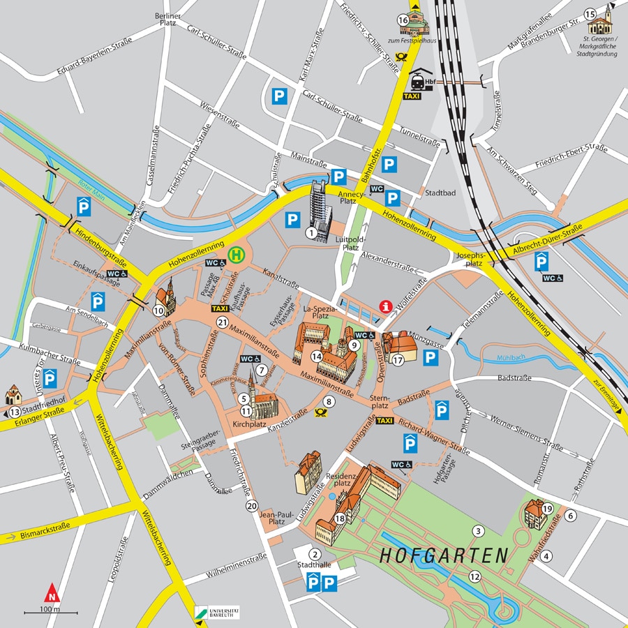 Stadtplan des Innenstadtbereichs mit Symbolen und Nummern
