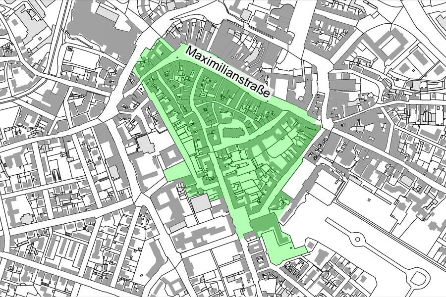 Übersichtsplan im Bereich Maximilianstraße mit Darstellung des Sanierungsgebietes "C" als grüne Fläche