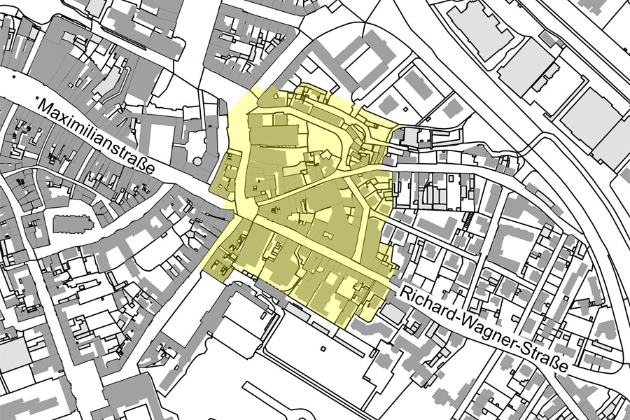 Übersichtsplan im Bereich Maxstraße und Richard-Wagner-Straße mit Darstellung des Sanierungsgebietes "H" als gelbe Fläche