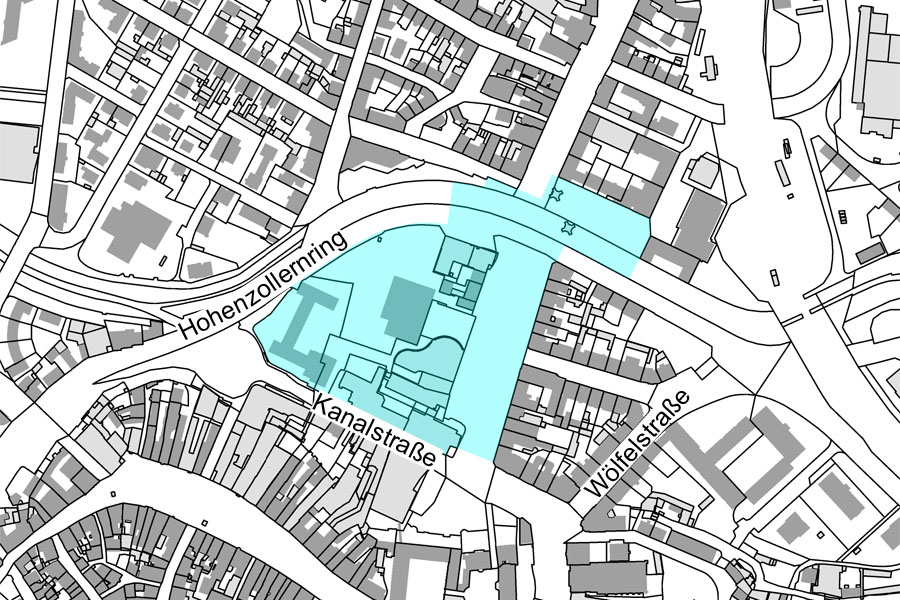 Übersichtsplan im Bereich Hohenzollernring, Kanalstraße, Wölfelstraße mit Darstellung des Sanierungsgebietes "K" als türkisfarbene Fläche