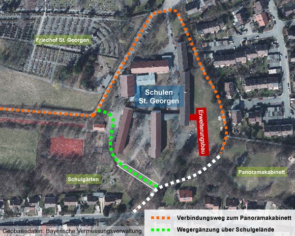 Luftbild Schule St. Georgen mit Verbindungsweg zum Panoramakabinett und Wegergänzung über Schulgelände