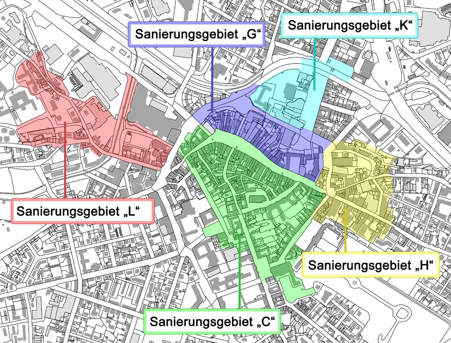 Übersichtsplan mit farbiger Darstellung der fünf Sanierungsgebiete (C, G, H, K, L) in der Innenstadt