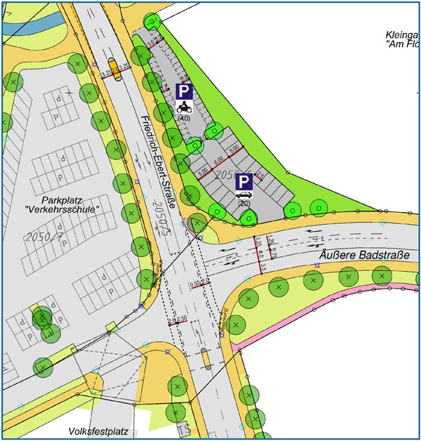 Lageplan Kreuzung Friedrich-Ebert-Straße / Äußere Badstraße mit angrenzenden Parkflächen