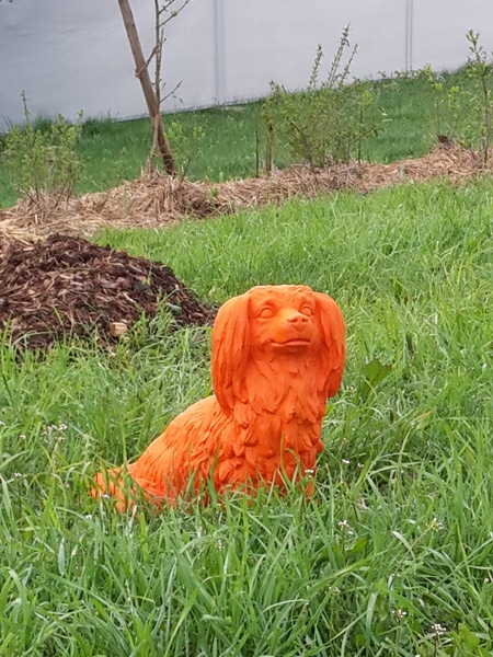 sitzender Zwergspaniel aus Kunststoff in der Farbe Orange