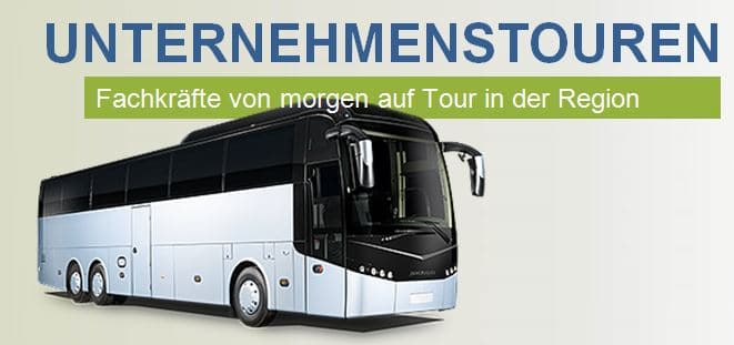 Abbildung eines Busses und Text: Unternehmenstouren - Fachkräfte von morgen in den Unternehmen der Region