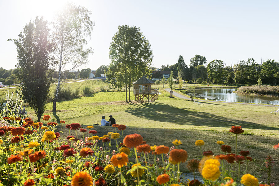 Blumenrabatte und grüne Wiese zum Verweilen am Hammerstätter See