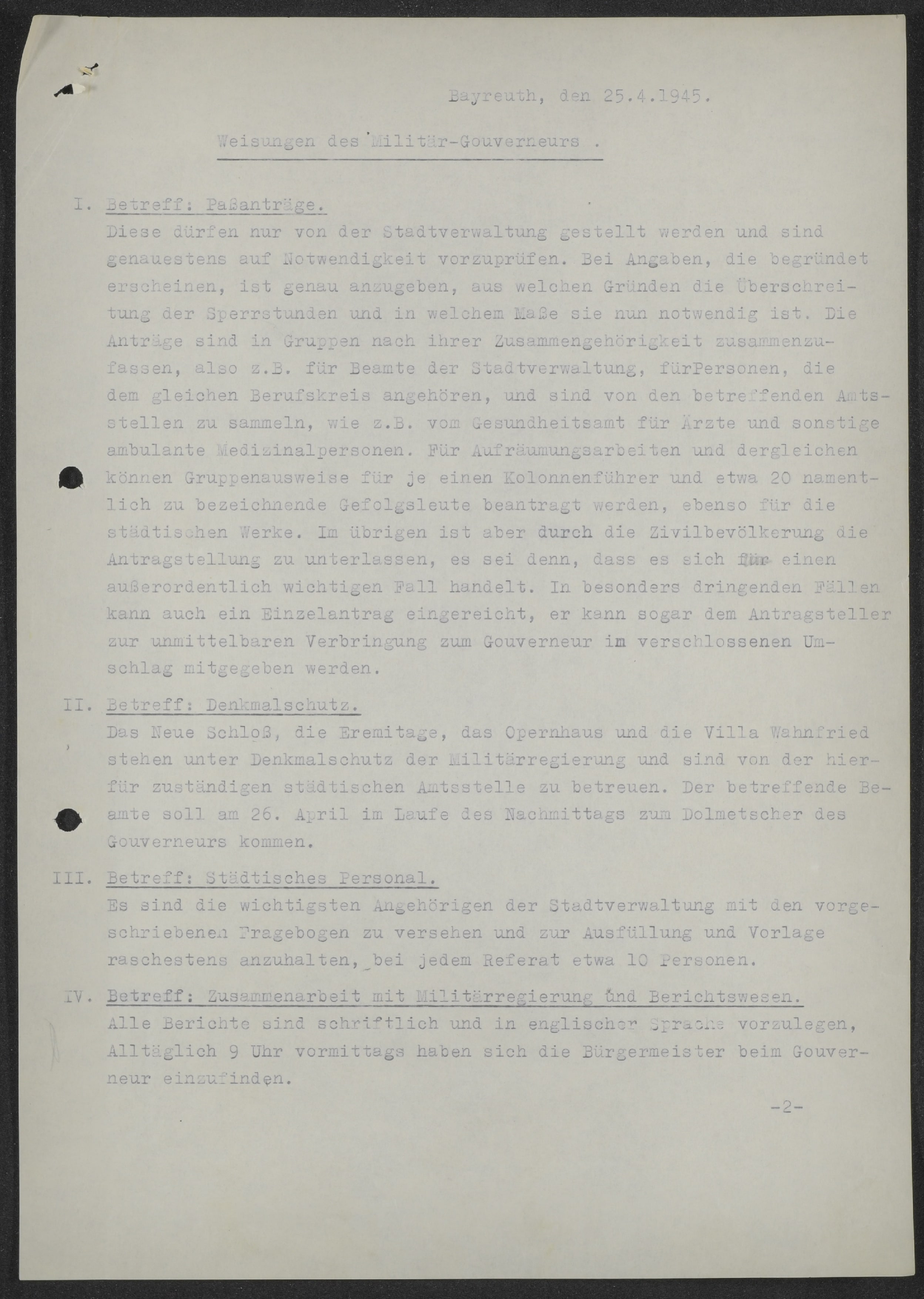 Weisungen der Militärregierung an den Oberbürgermeister der Stadt Bayreuth vom 25.04.1945