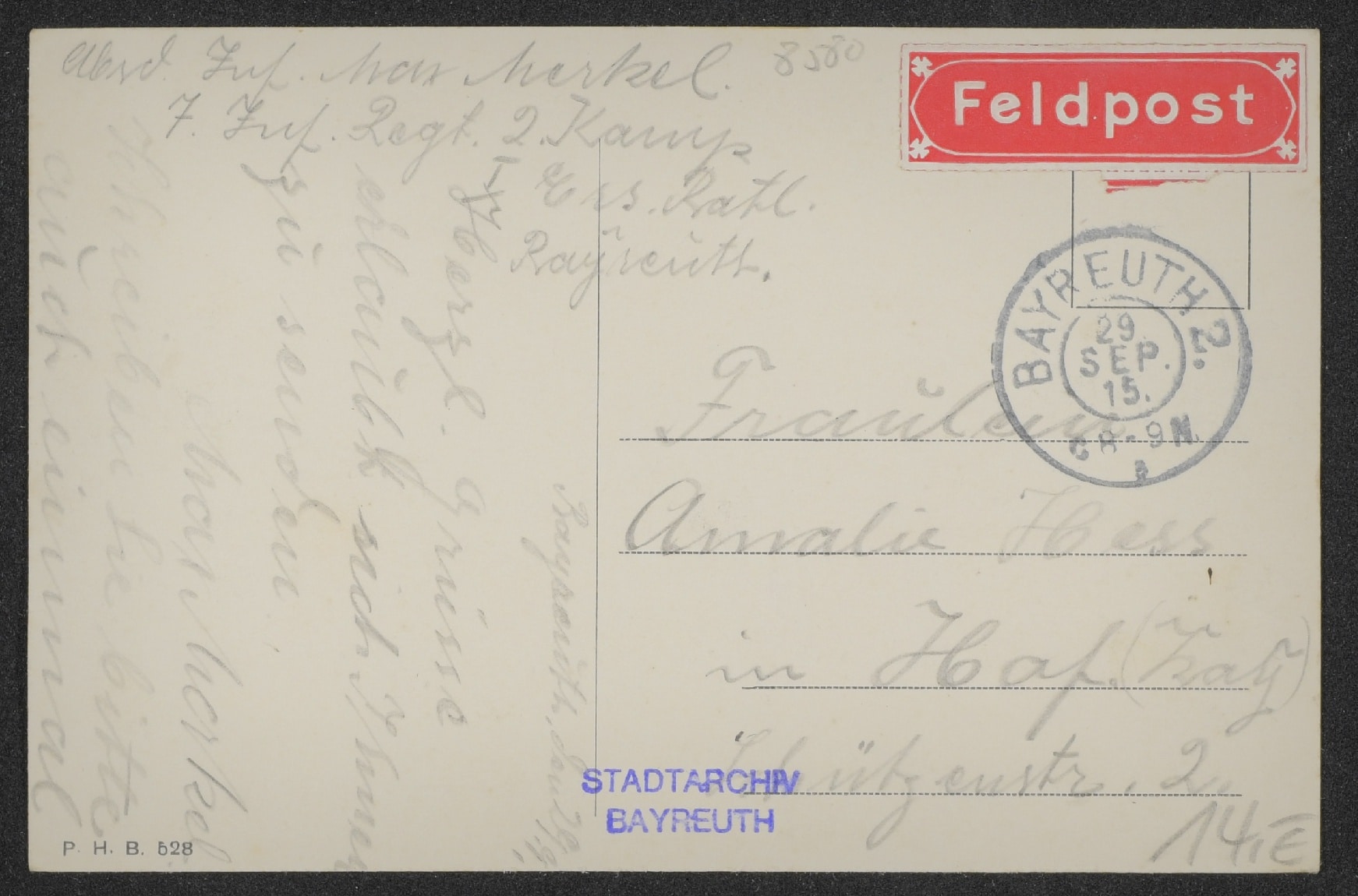 Rückseite einer Feldpostkarte aus Bayreuth