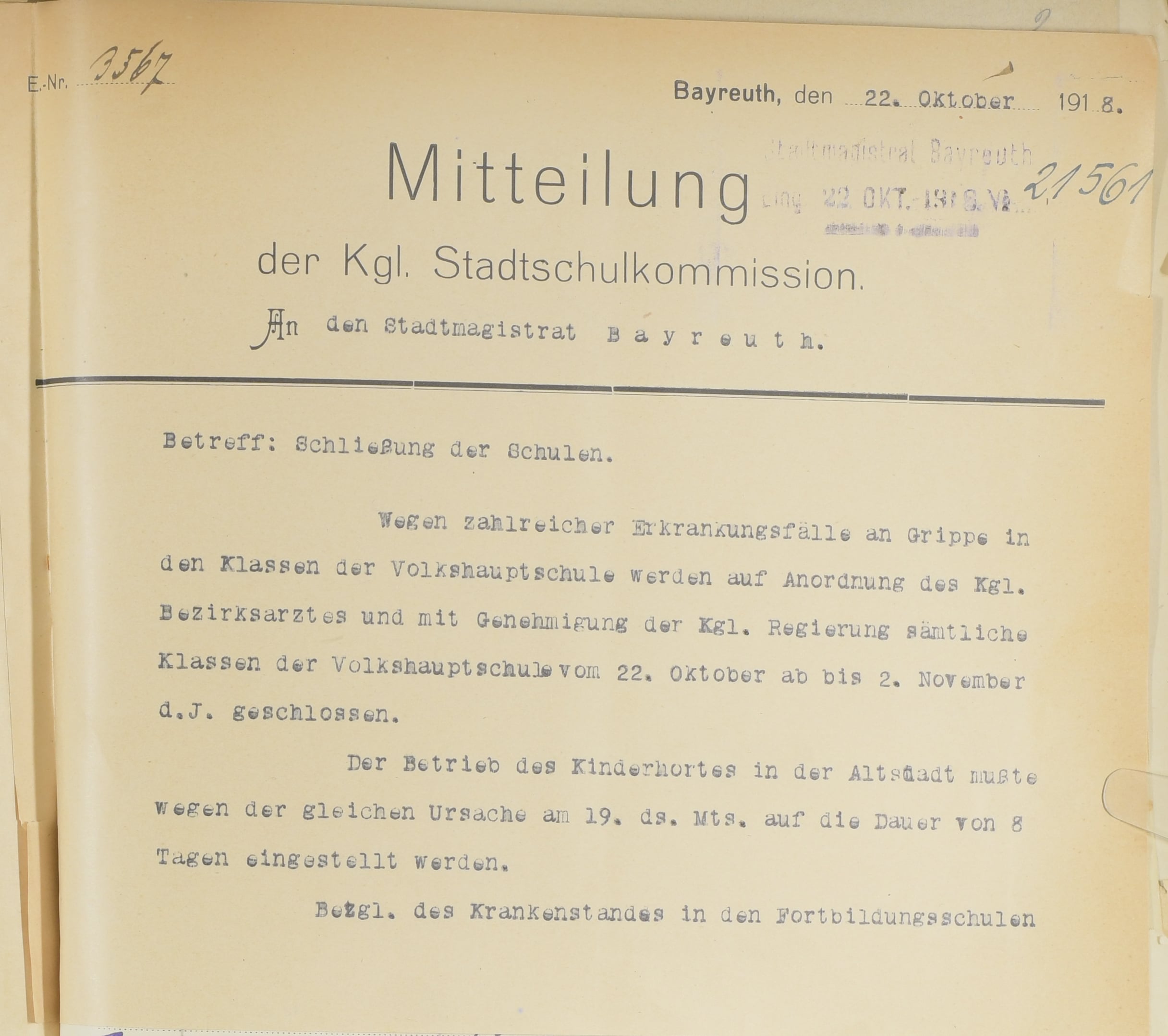 Mitteilung der Kgl. Stadtschulkommission vom 22. Oktober 1918 über Schließung der Schulen