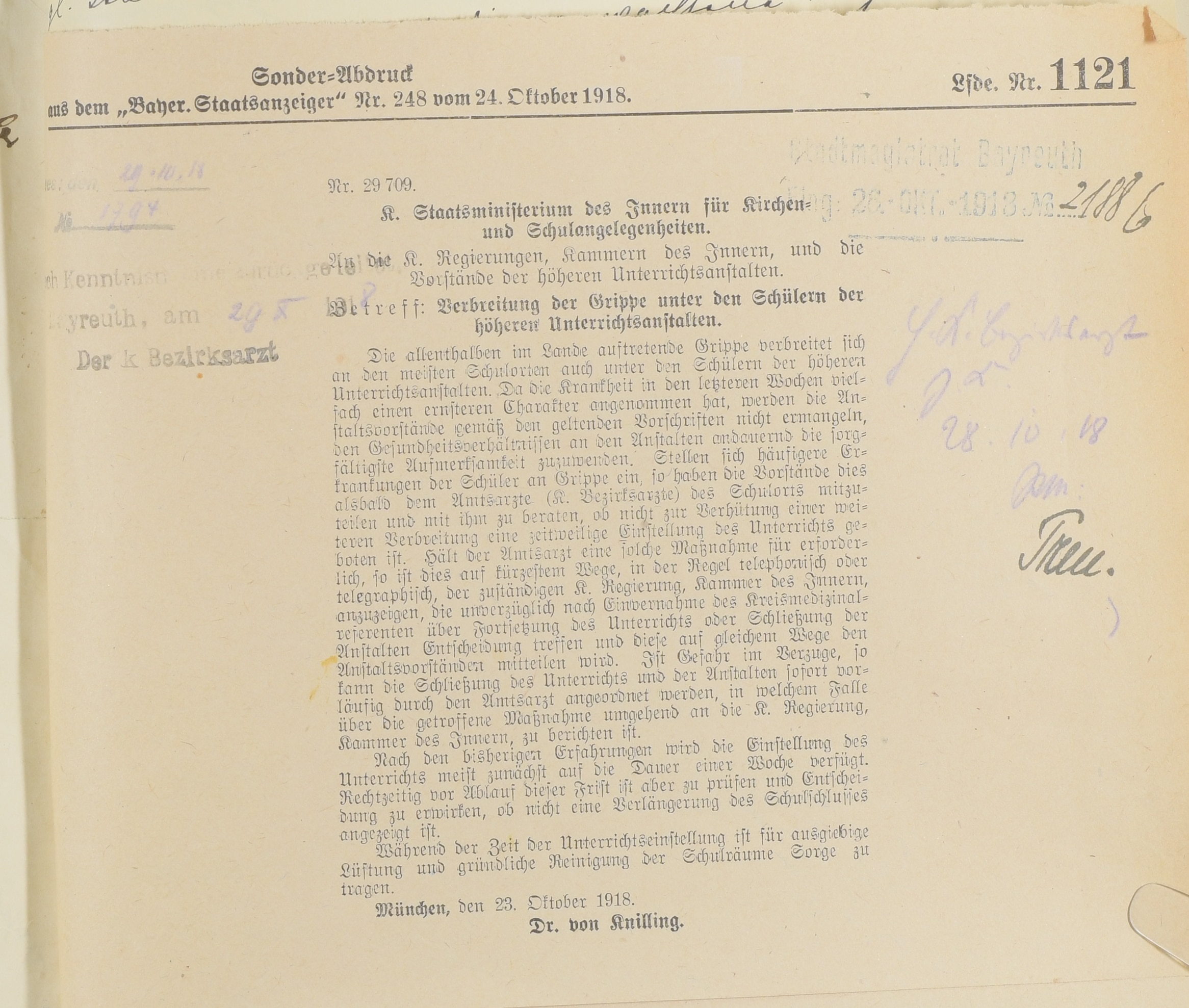 Verordnungen des K. Staatsministeriums des Innern für Kirchen- und Schulangelegenheiten vom 23. Und 24. Oktober 1918 bei Verbreitung der Grippe unter den Schülern der höheren Unterrichtsanstalten sowie unter den Volksschülern