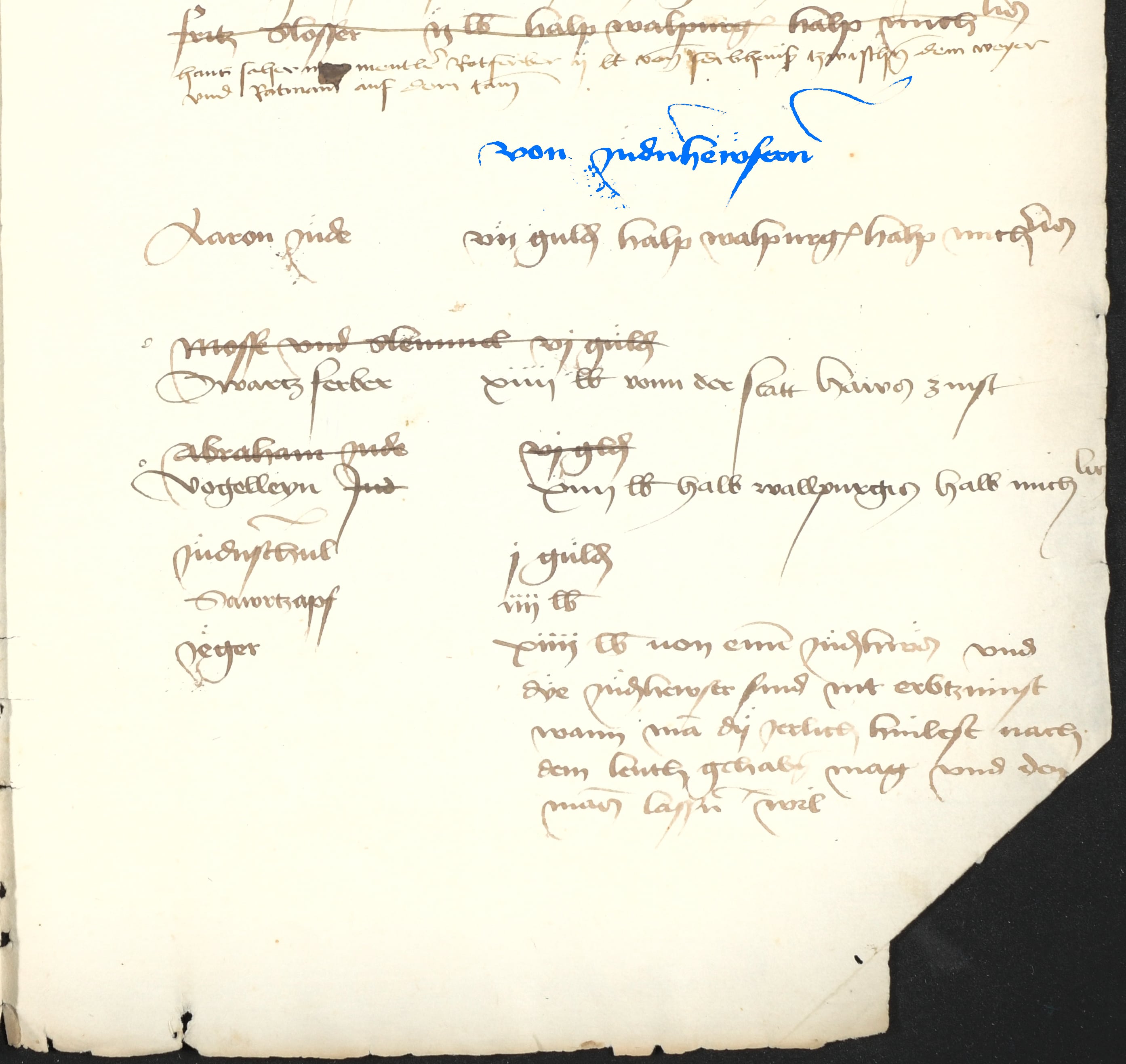 Auszug aus dem ältesten Bayreuther Stadtbuch: 1. Mai 1463 – Zinszahlungen von den Judenhäusern, Einwohner Aaron, Mosse, Slemmel, Swartzferber, Abraham, Vogelleyn jud und Saurtzapf