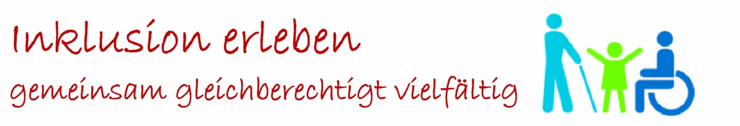 Schriftzug Inklusion erleben gemeinsam gleichberechtigt vielfältig mit den Piktogrammen eine Menschen mit Blindenstock, eines Kindes und einer im Rollstuhl sitzenden Person