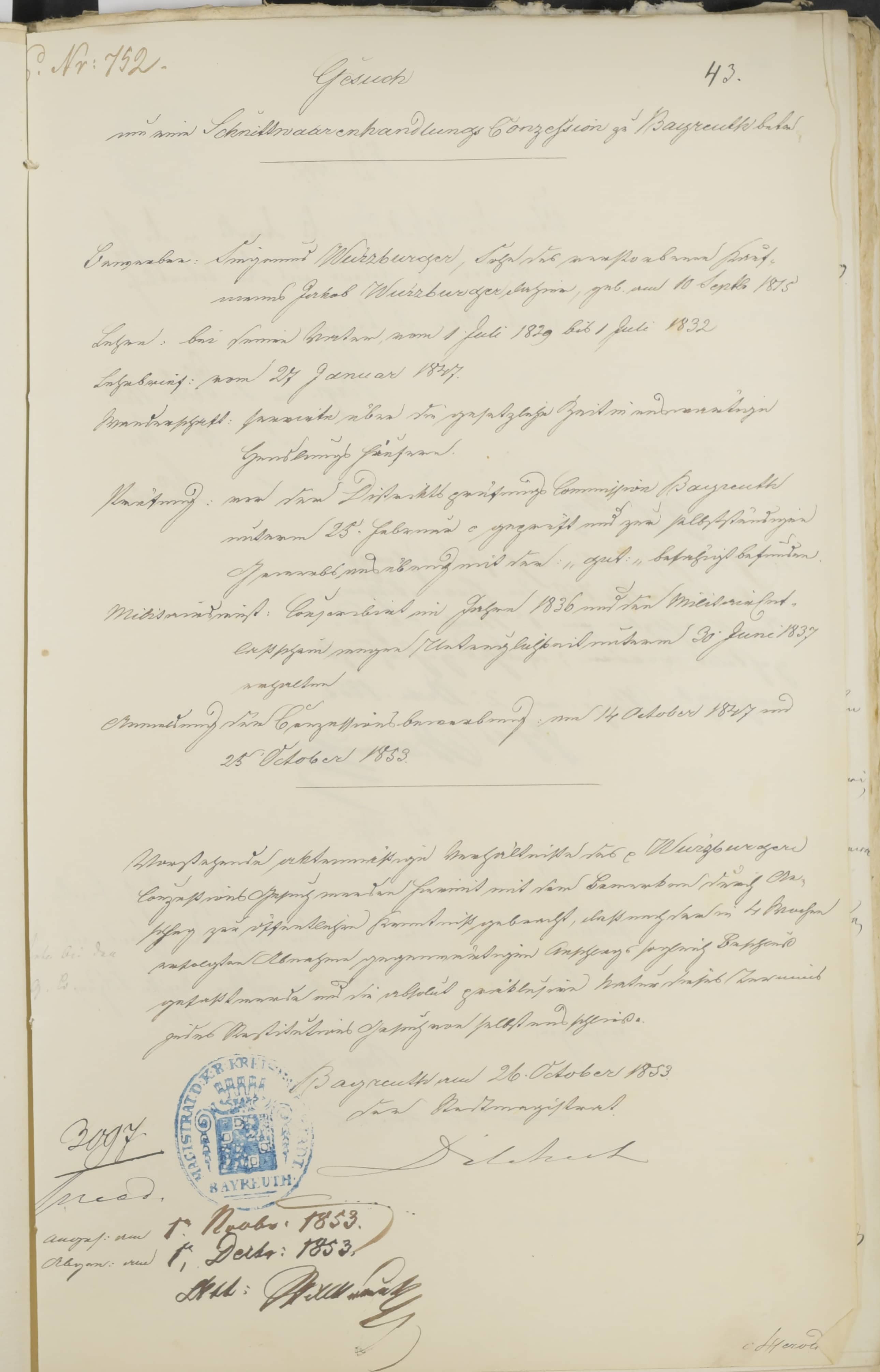 Eine Zusammenfassung von Siegmunds Konzessionsgesuch aus dem Oktober 1853. Der Stadtmagistrat erfasste in diesem Protokoll alle wichtigen Daten zum Bewerber, seiner Lehre, Wanderschaft, Gewerbeprüfung und Militärdienst.