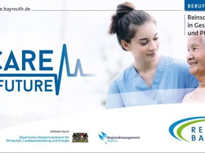 Flyer von Care4future: Eine junge Frau hilft einer älteren Dame