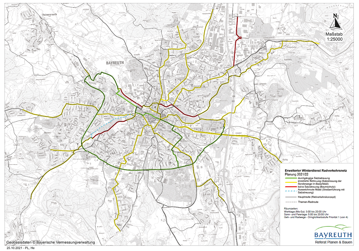 Stadtplan von Bayreuth mit den Radverkehrslinien eingezeichnet