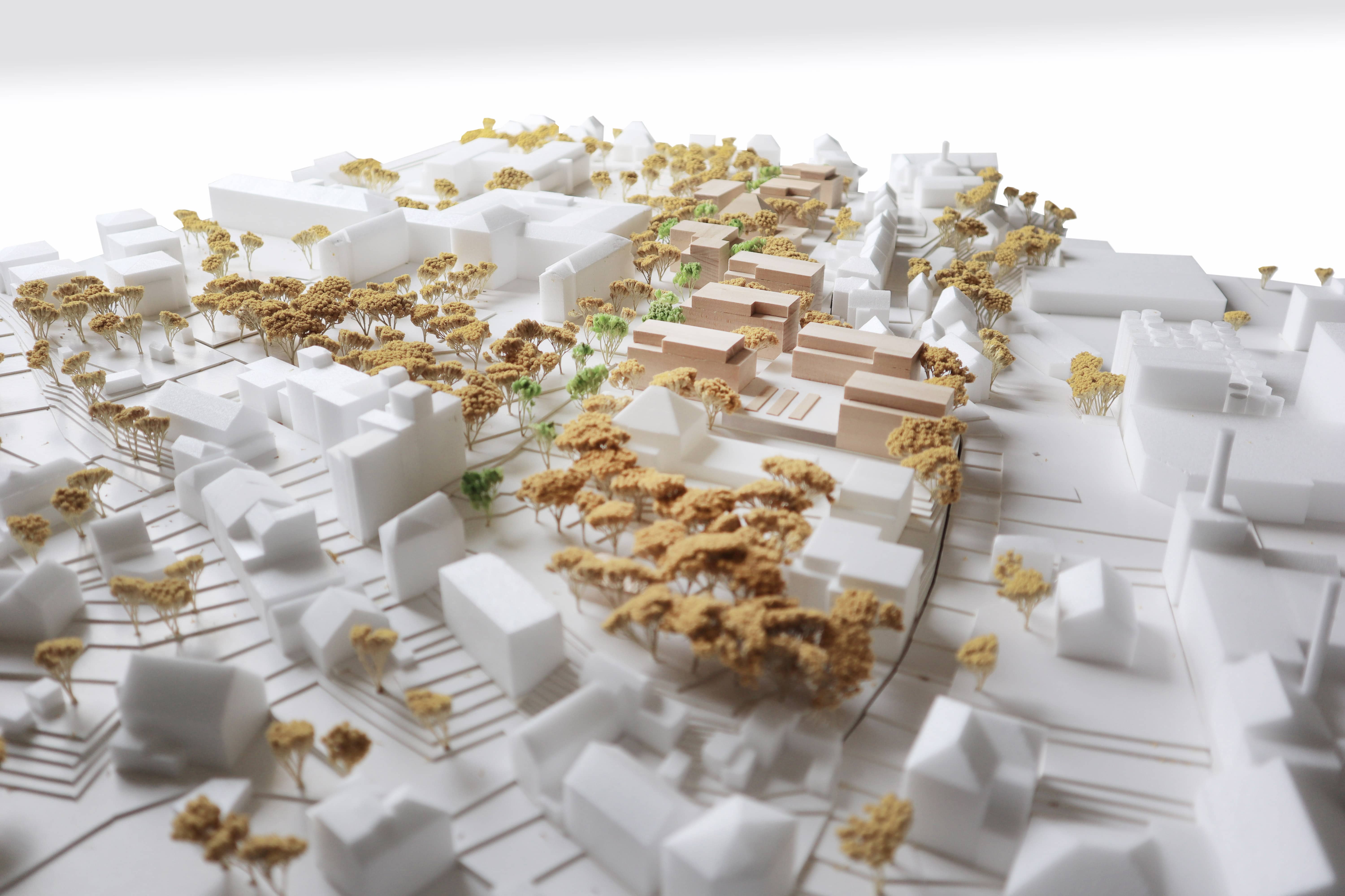 3-D Modell des Areals "Neue Mitte Kreuz" mit Bestandsgebäuden und Neubauten