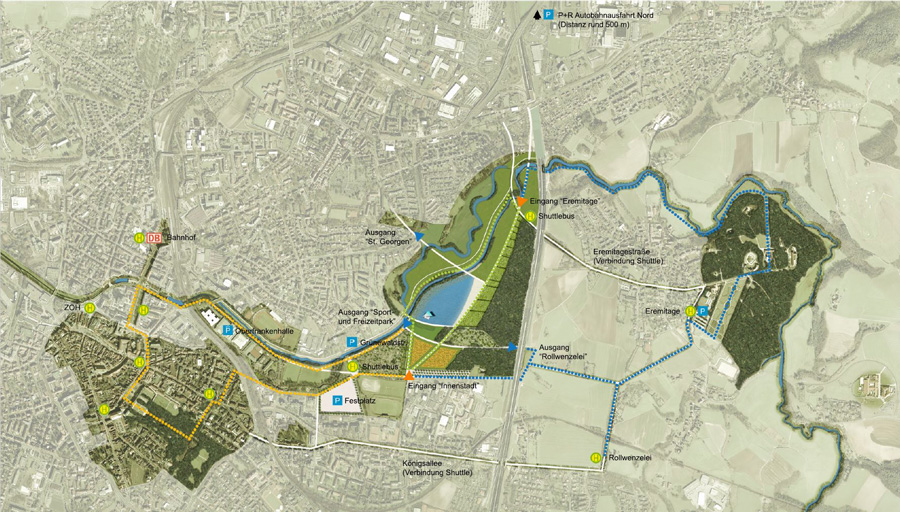 Lageplan "Neuer Park" mit Rundwegen zur Innenstadt und Eremitage