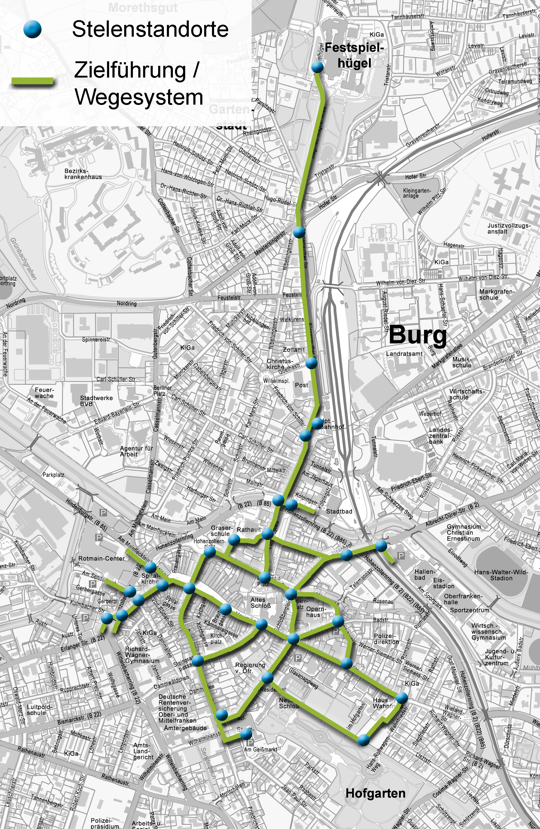 Stadtplan mit Punktsymbolen der Stelen-Standorte und Verbindungslinien als Darstellung der Wegeführung