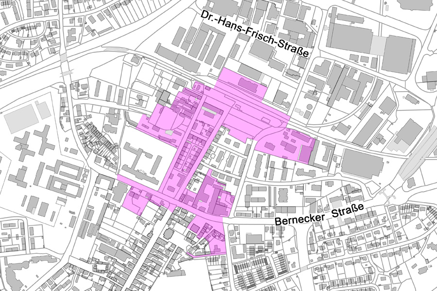 Übersichtsplan im Bereich Dr.-Hans-Frisch-Straße und Bernecker Straße mit farbiger Darstellung des Sanierungsgebietes "F"