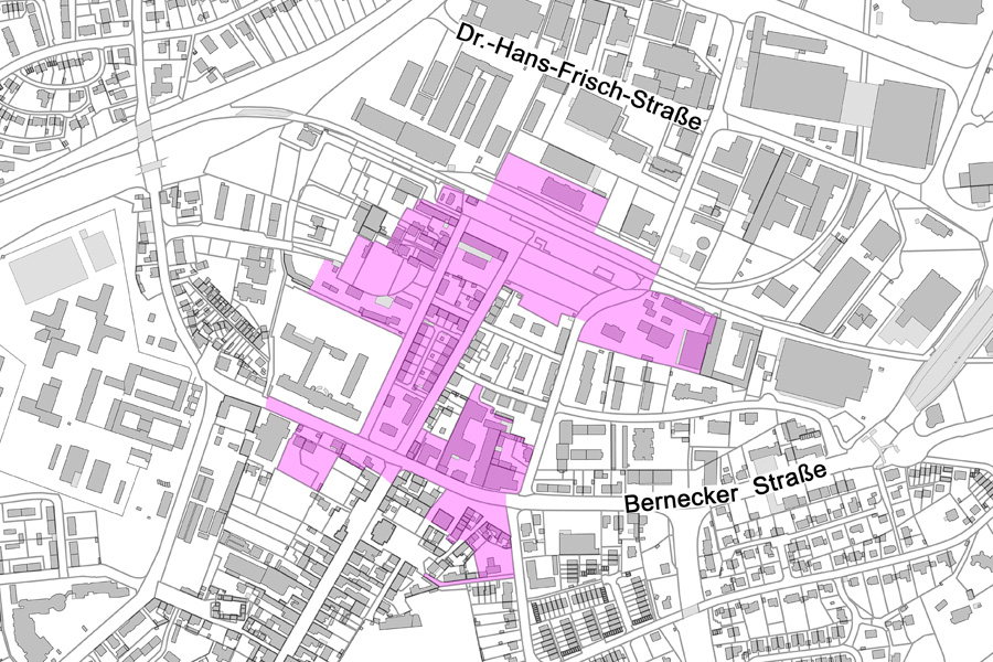 Übersichtsplan im Bereich Dr.-Hans-Frisch-Straße, Bernecker Straße mit Darstellung des Sanierungsgebietes "F" als lila Fläche