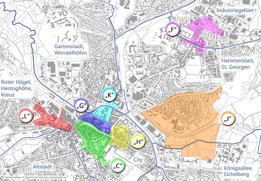 Übersichtsplan mit farbiger Darstellung der sieben Sanierungsgebiete (C, G, H, K, L, F, J)