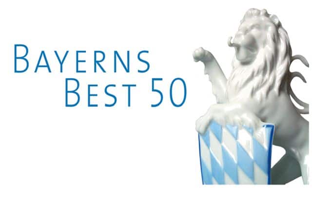 Bayerns Best 50 Logo: Bayerischer Löwe mit Wappen aus Porzellan