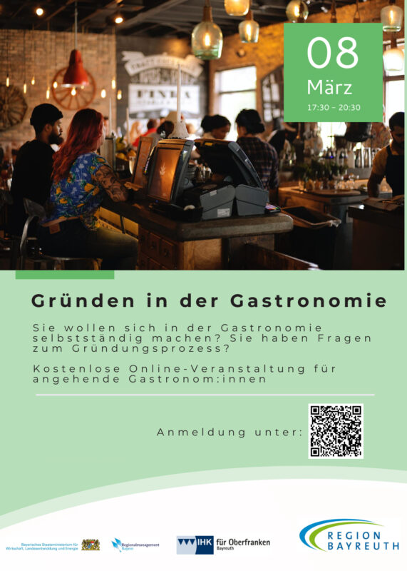 Flyer Gründen in der Gastronomie Am 08. März findet einen Informationsveranstaltung zum Thema Gründen in der Gastronomie statt.