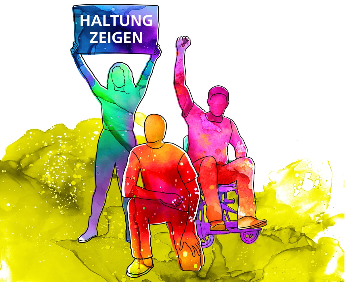 Kniefall Logo zeigt drei jungen Menschen. Eine Frau hält ein Schild mit der Aufschrift "Haltung zeigen" hoch.