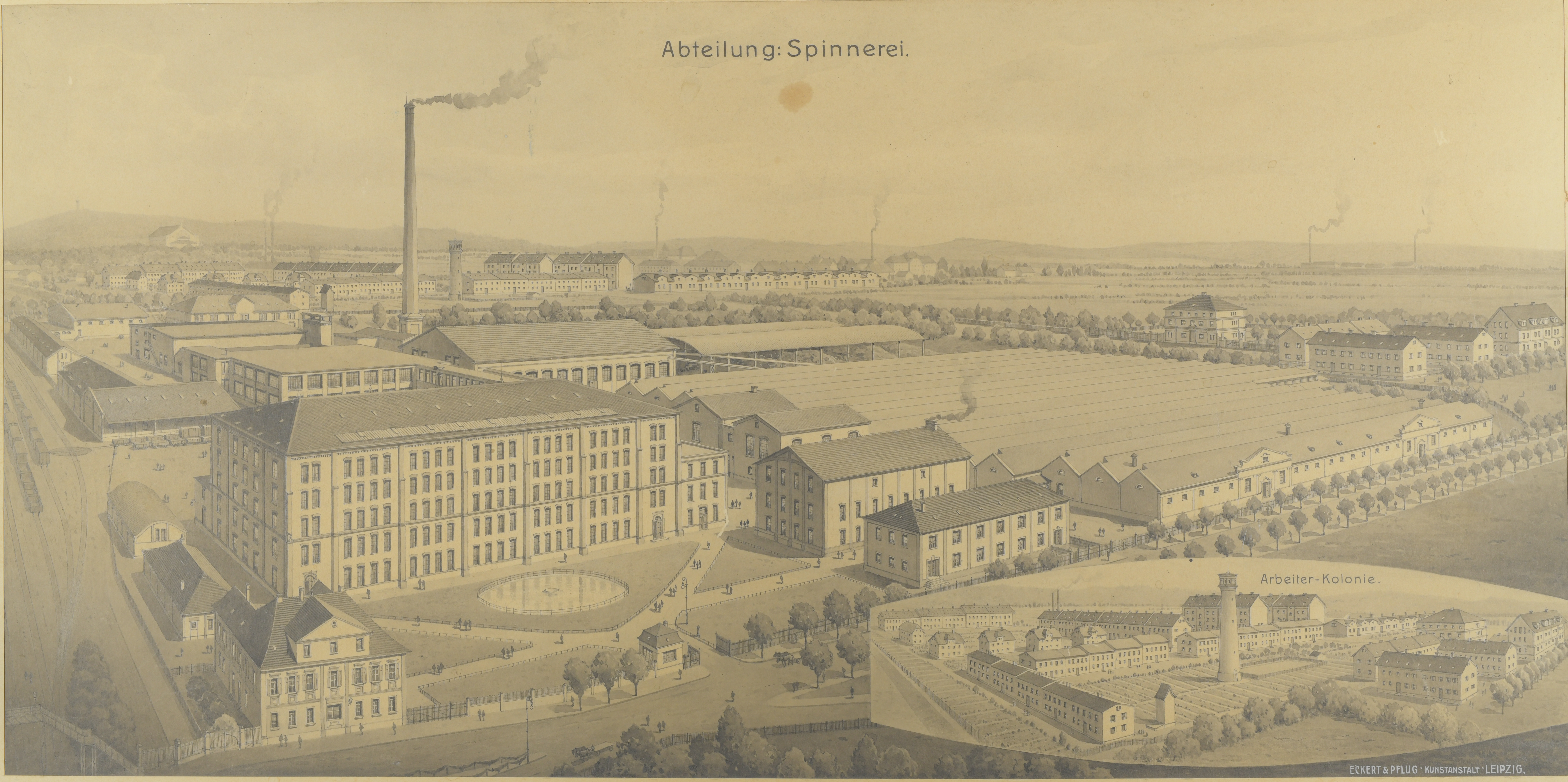 Historische Lithographie Firmengelände, Abt. Spinnerei mit Arbeiterkolonnie (Burg)