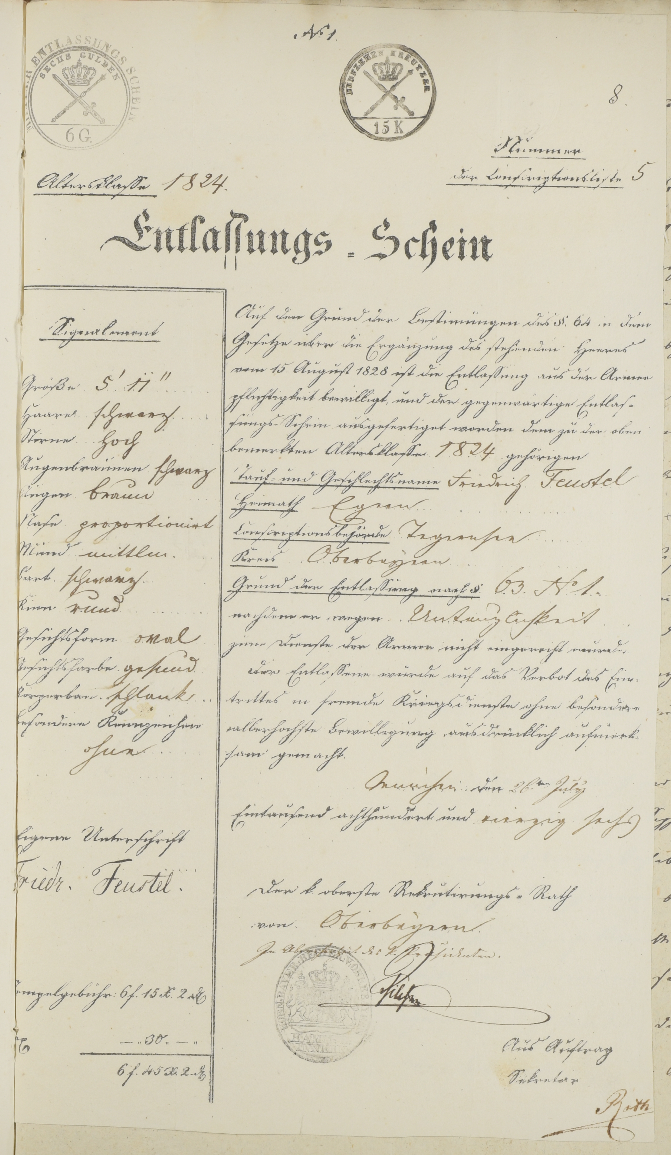 Militärentlassungsschein von Friedrich Feustel