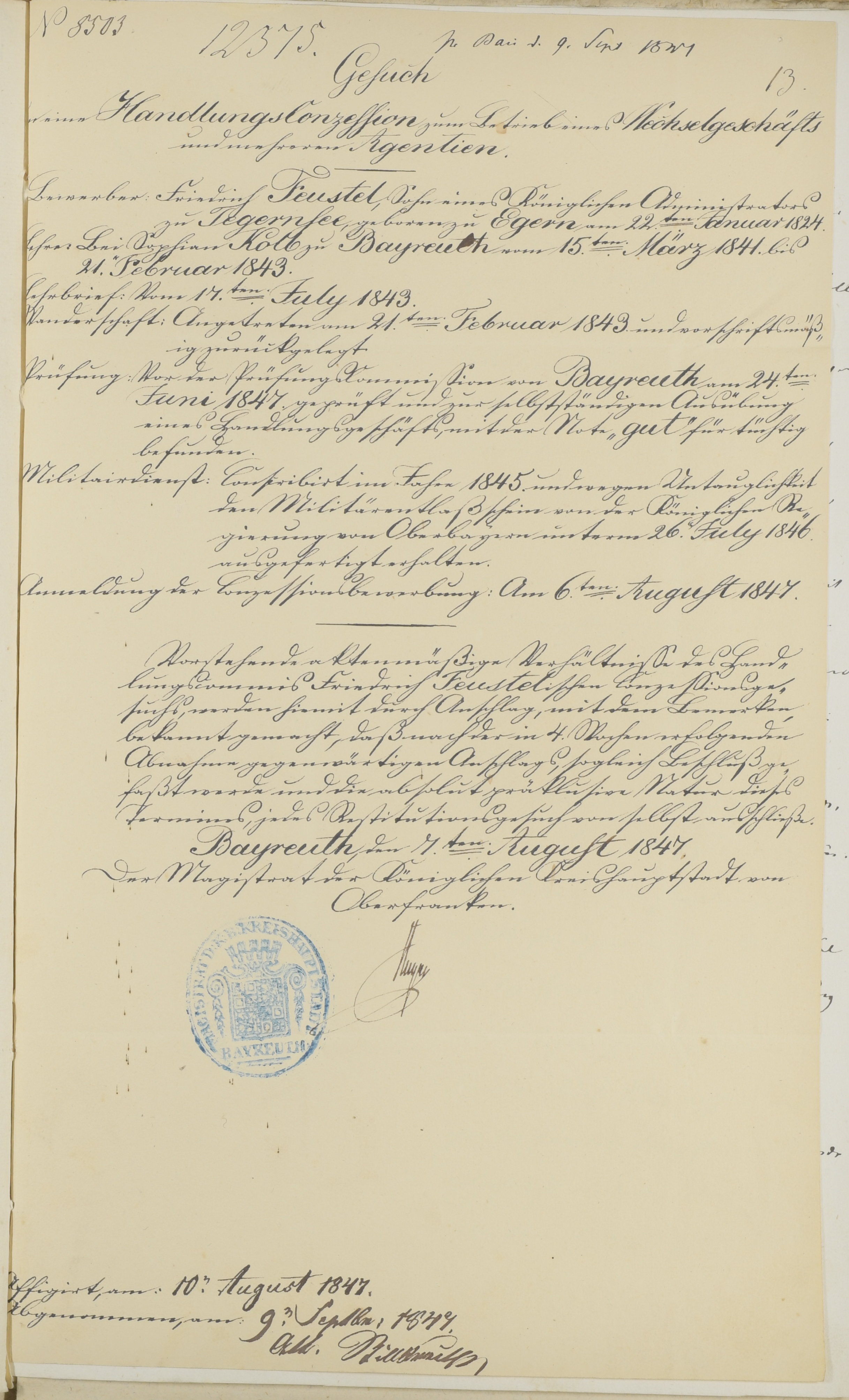 Gesuch auf Ansässigmachung 1847