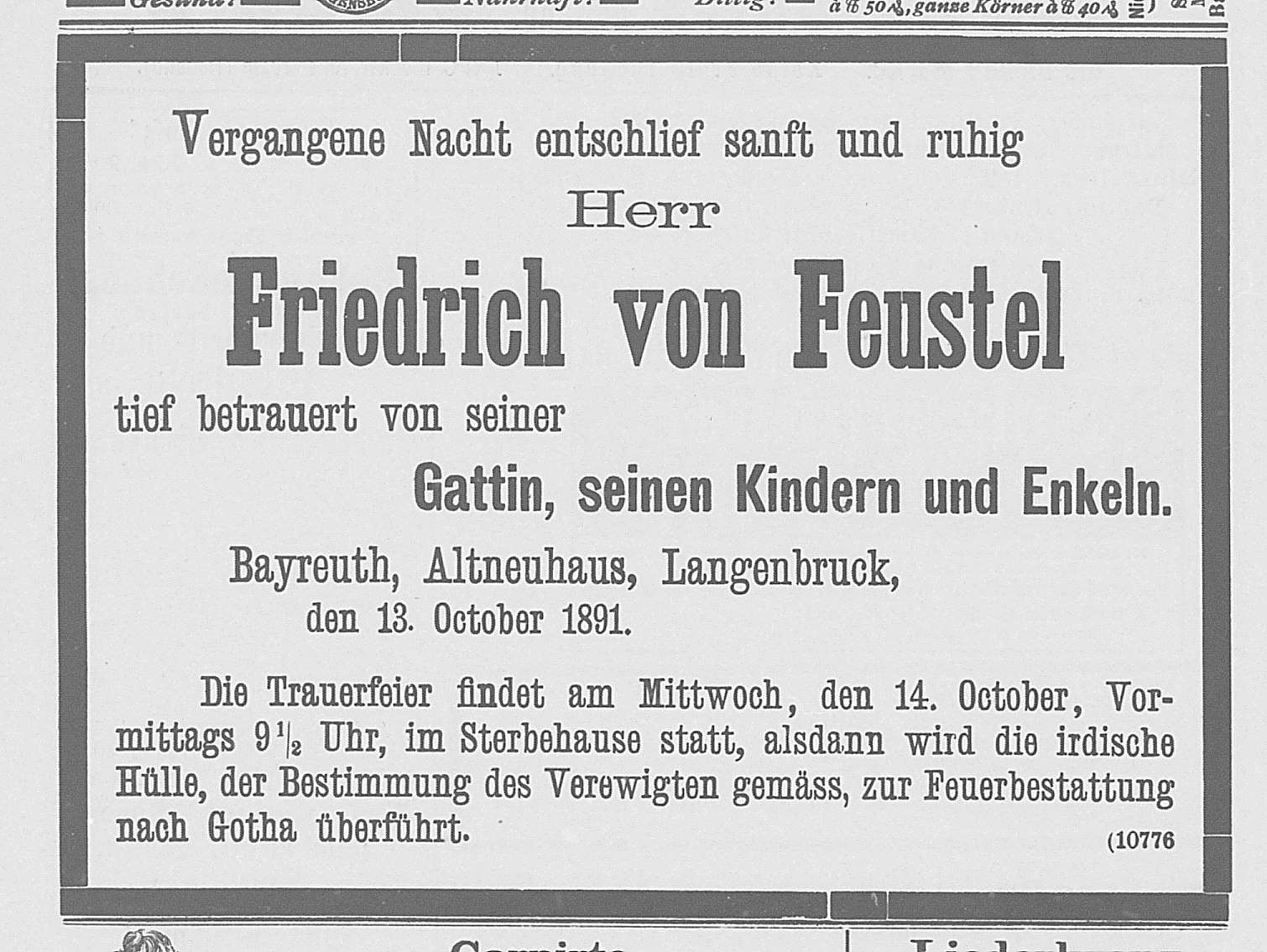 Traueranzeige Friedrich Feustel im Bayreuther Tagblatt 1891