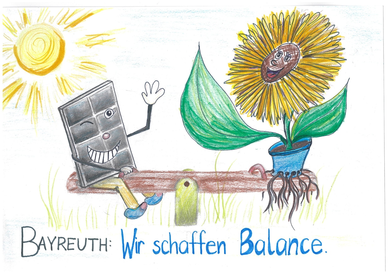 Ein gemaltes Bild zeigt eineSonnenblume und ein Solarmodul auf einer Wippe.