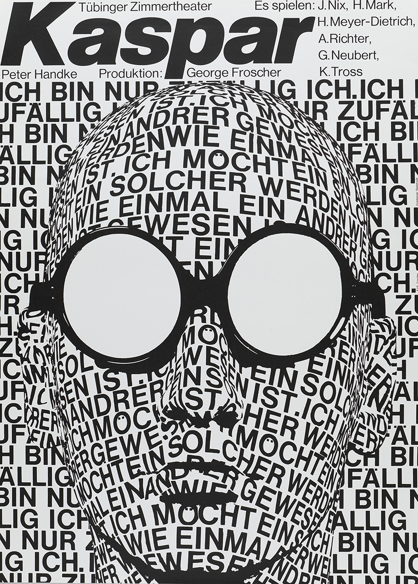 Zeichnung in schwarz-weiß, mit Wörtern ein menschliches Gesicht mit einer großen Sonnenbrille gezeichnet
