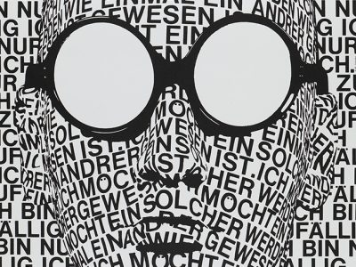 Zeichnung in schwarz-weiß, mit Wörtern ein menschliches Gesicht mit einer großen Sonnenbrille gezeichnet