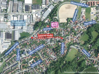 Luftbild mit Straßenbenennungen und roter Markierung der Lainecker Straße