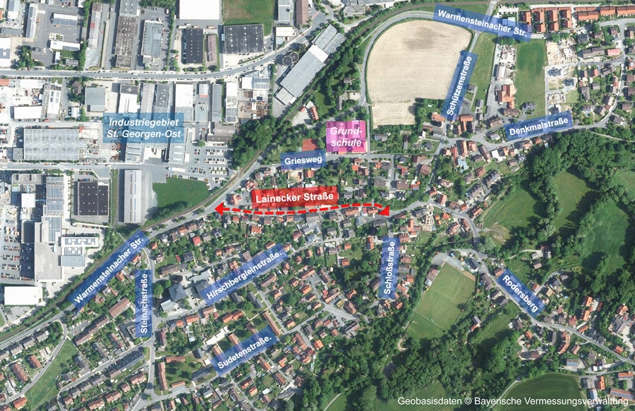 Übersichtskarte Lainecker Straße 2022-04-05 Luftbild mit Straßenbenennungen und roter Markierung der Lainecker Straße