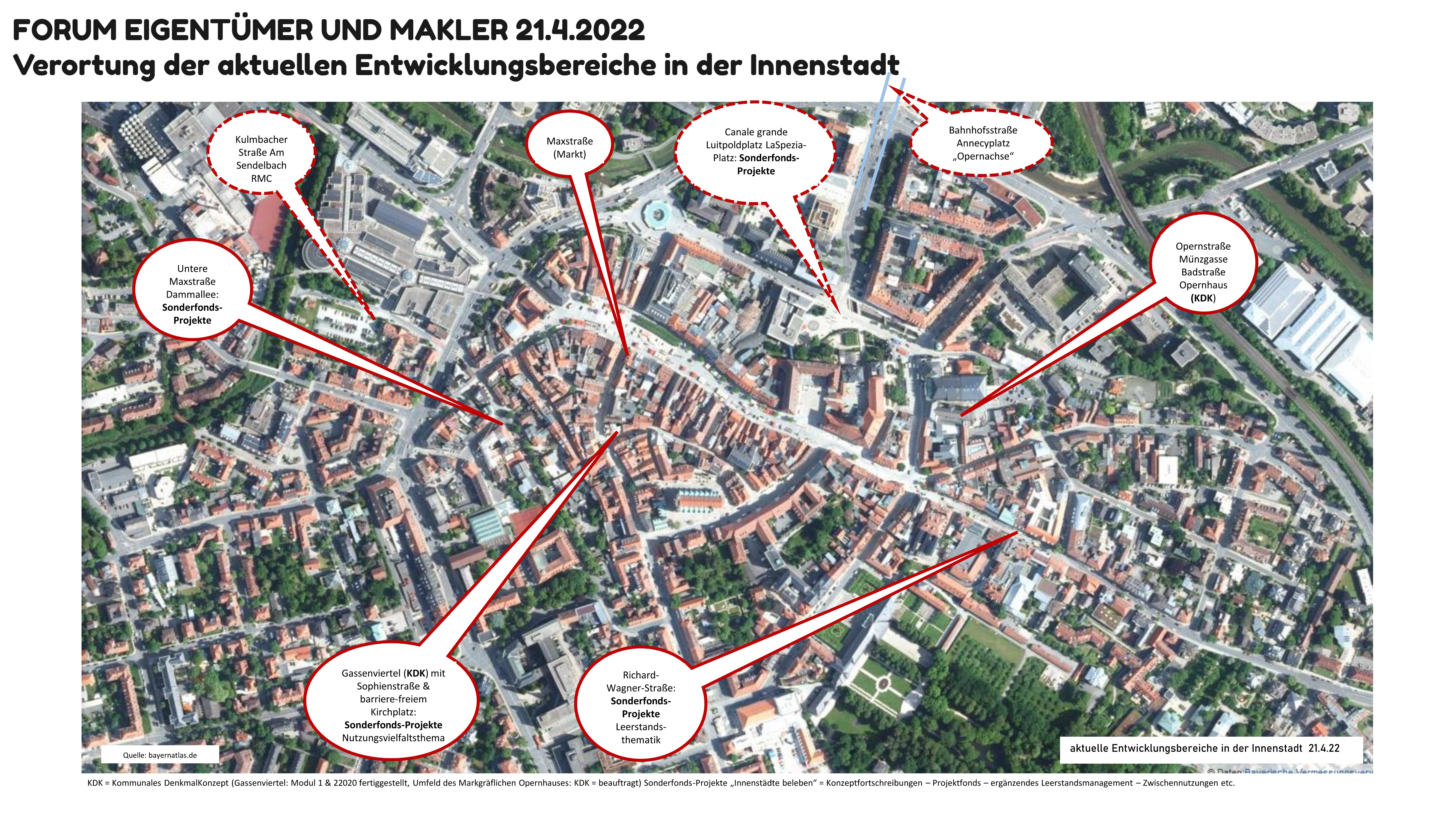 man sieht eine Luftbildaufnahme von Bayreuth mit verschiedenen markierten Entwicklungsbereichen in der Innenstadt