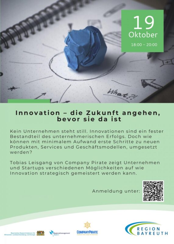 Flyer Vortrag Innovation Auf dem Veranstaltungsflyer ist ein Spiralblock abgebildet, auf dem eine Glügbirne gezeichnet ist. In der Mitte der Glühbirne liegt ein zuammengknülltes blaues Papier.