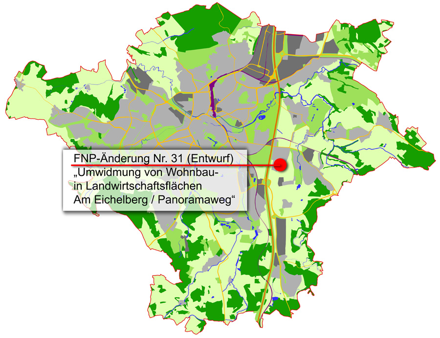 Übersichtskarte mit Verortung der FNP-Änderung Nr. 31 (Entwurf) "Umwidmung von Wohnbau- in Landwirtschaftsflächen Am Eichelberg / Panoramaweg"