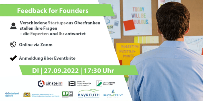 Ankuendigung Feedback for founders Das Pitch-Event Feedback for Founders findet am 27. September online statt