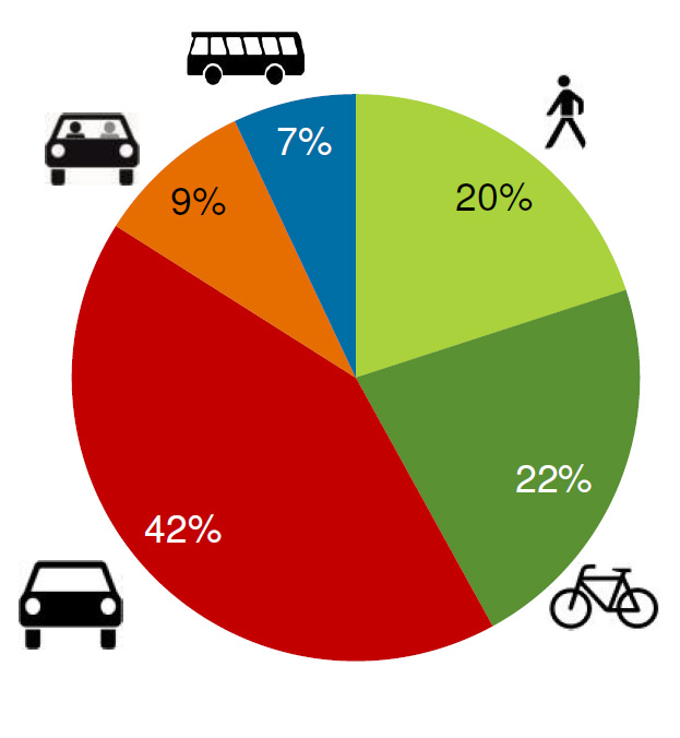 Kreisdiagramm: Darstellung Fußgänger, Fahrrad, Pkw, Pkw mit Insassen, Bus jeweils mit Prozentangaben