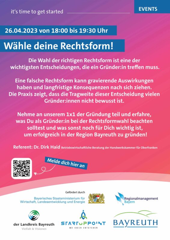 Flyer zur Veranstaltung "Wähle deine Rechtsform" am 26. April