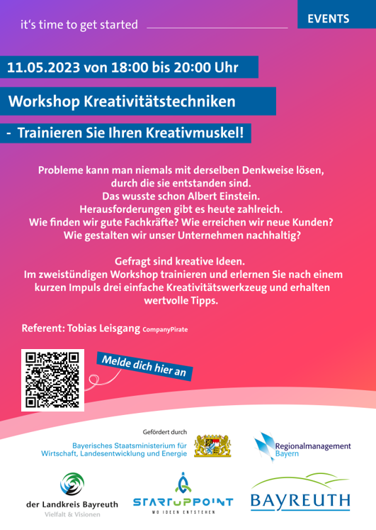 Plakat zum Workshop Kreativitätstechniken am 11. Mai 2023 in Bayreuth