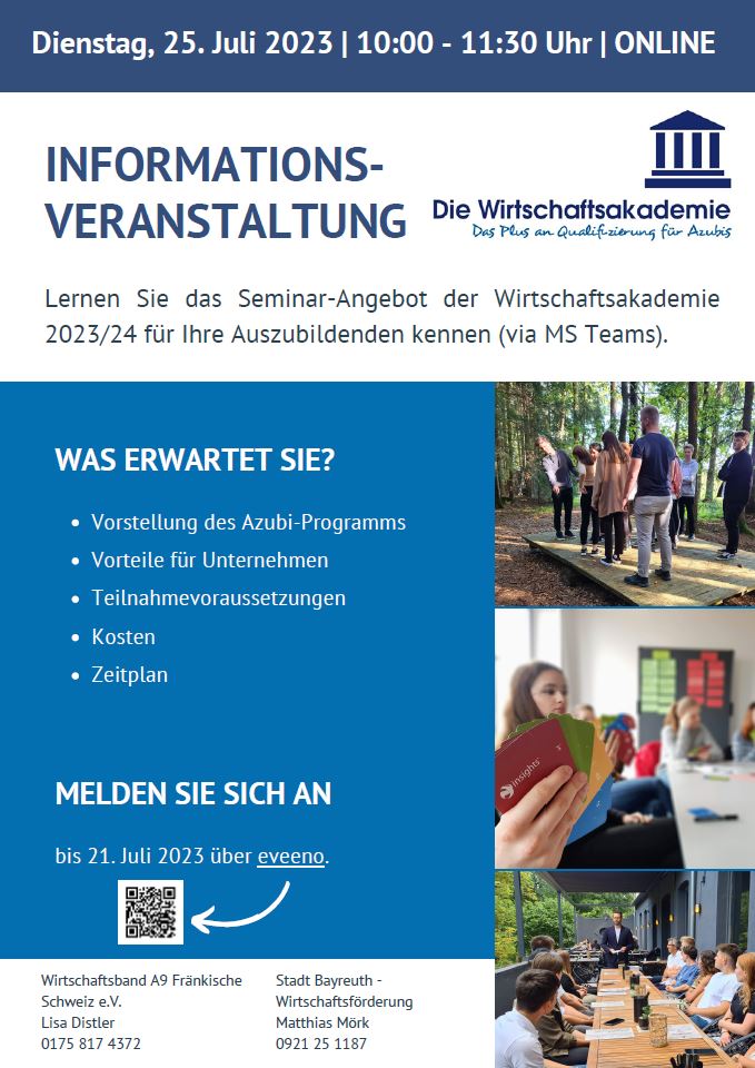 Einladungsflyer zur Infoveranstaltung zum Akademiejahr 2023/24 am 25. Juli 2023, 10:00 - 11:30 Uhr
