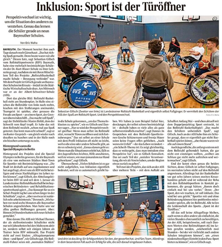 Zeitungsartikel aus dem Nordbayerischen Kurier com 22. Juni 2023 mit dem Titel "Inklusion: Sport ist Türöffner" mit zwei Bildern auf den Rollstuhlbasketballer zu sehen sind