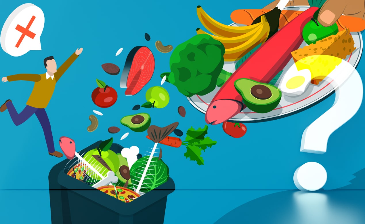 Foodwaste Graphik: Von einem Teller werden Essensreste in eine Mülltonnen gekippt. | Foto: Shutterstock