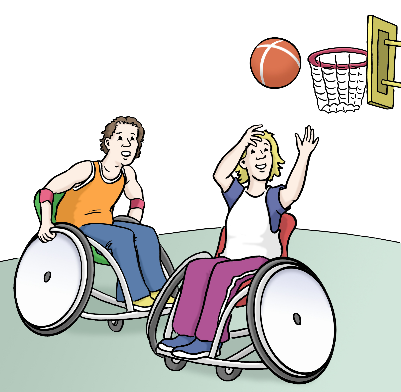 Eine Zeichnung von zwei Rollstuhl-Basketballspielern.